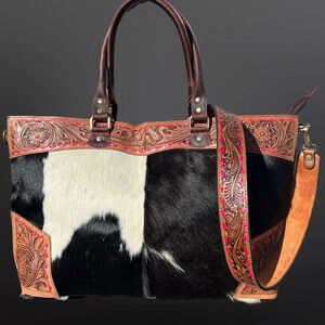Western Tooled Leather Handbag Cowhide Pink Buck Stitching